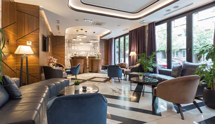 A clean hotel living area