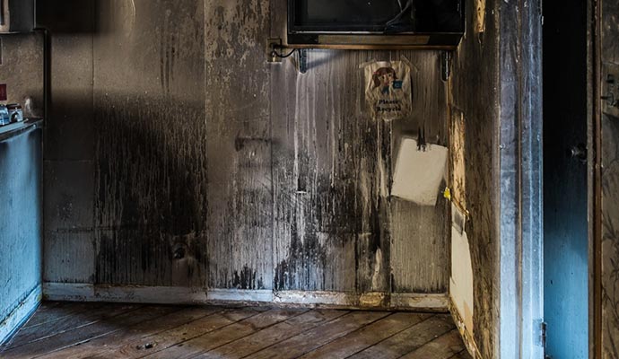 Room with extensive fire damage