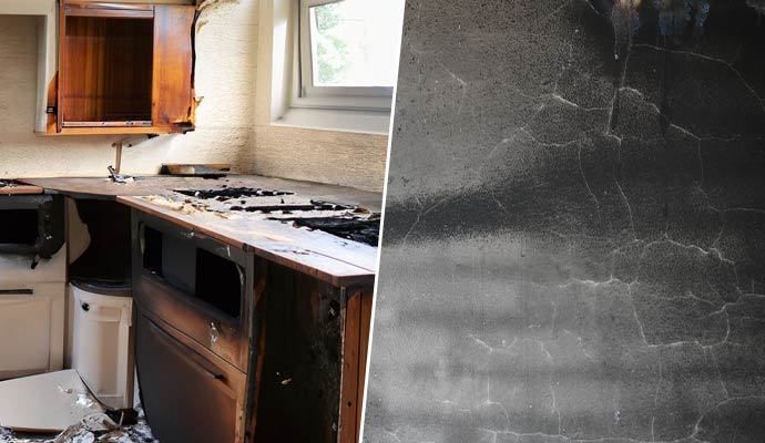 fire damaged kitchen and smoke damaged drywall