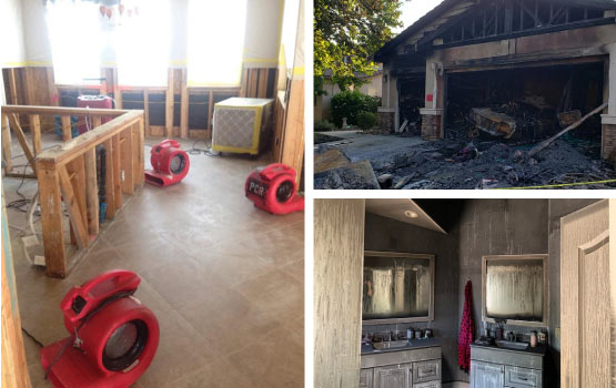 collage of water and fire damaged area 