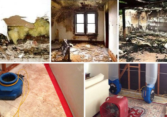 collage of fire damage, smoke damage and water damage restoration