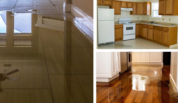 flood damaged floor and leaky appliance