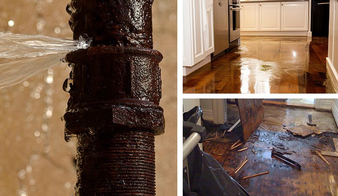 broken water pipe and damaged floor